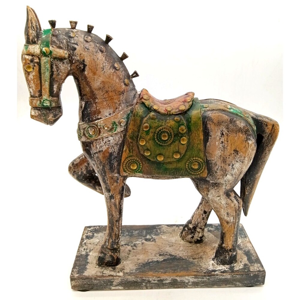 Vintage Wooden War Horse Statue Hand Painted Distressed 9.5X11.5
